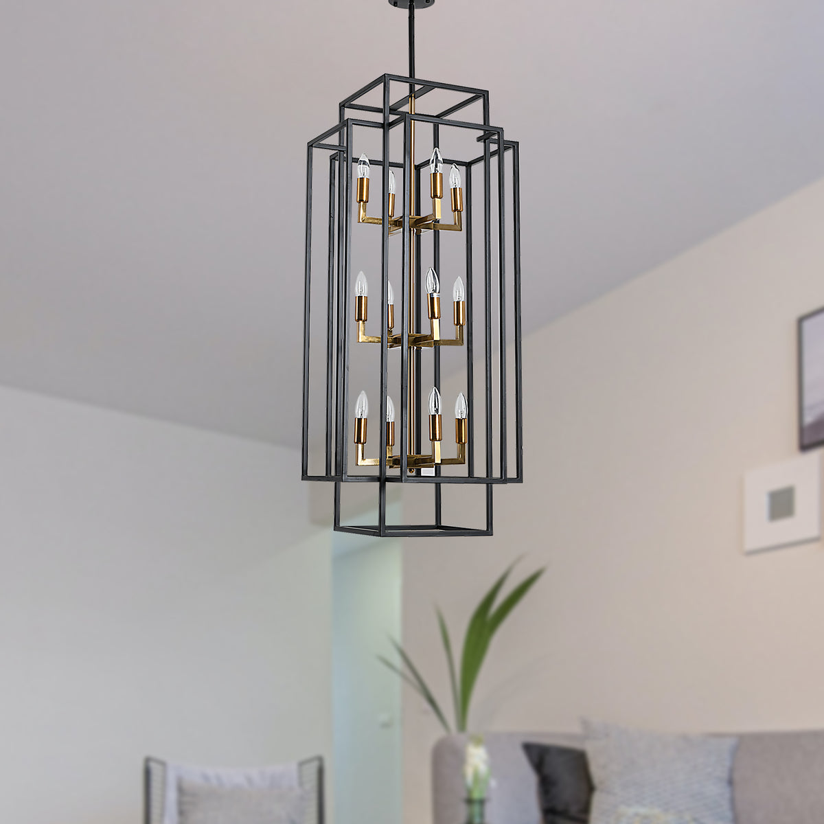 Magic Home 12-Light Lantern Tiered Island Hall Foyer Hanging Chandelier Living Room Pendant, Black and Gold