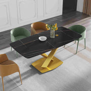 63″-70.87″ Classical Dining Table with Rectangular Sintered Stone Tabletop, X-Shaped Carbon Steel Base Design（for 4-6）
