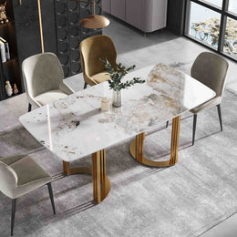 63'' & 70.87''Modern Luxury Curved Rectangular Faux Marble Dining Table With Metal Base