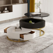 Modern Round Coffee Table with Storage Lift-Top Wood Coffee Table with Rotatable Drawers in White & Black