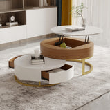 Modern Round Coffee Table with Storage Lift-Top Wood Coffee Table with Rotatable Drawers in White & Black