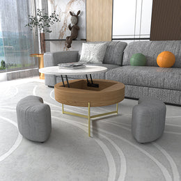 Magichome 31.5''L Round Lift-Top Coffee Storage Table with Storage & 3 Ottoman Natural&Black For Living Room,Bedroom