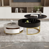 Modern Round Coffee Table with Storage Lift-Top Wood Coffee Table with Rotatable Drawers in White & Black