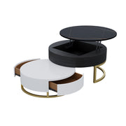 Modern Round Coffee Table with Storage Lift-Top Wood Coffee Table with Rotatable Drawers in White & Black