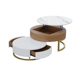 Modern Round Coffee Table with Storage Lift-Top Wood Coffee Table with Rotatable Drawers in White & Black
