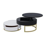 Modern Round Coffee Table with Storage Lift-Top Wood Coffee Table with Rotatable Drawers in White & Black